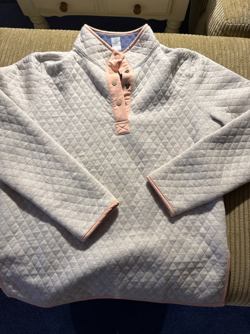 Women’s Marine Layer Quilted Pullover Top in Light Beige with Peach Trim